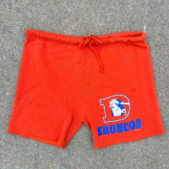 Vintage 90s Denver Broncos Logo Seven 7 Orange Athletic Sweatpants Shorts LARGE - Picture 1 of 11